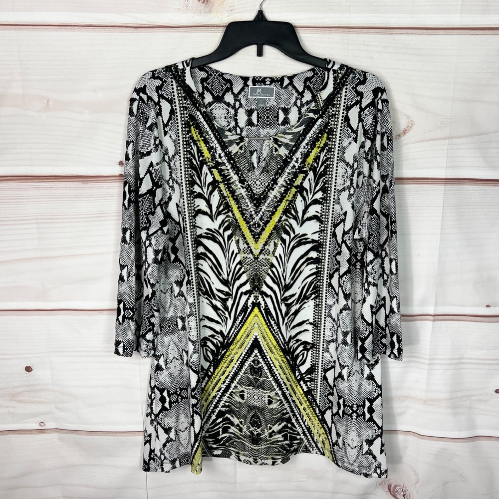 JM Collection Top Womens L Black Green Snakeskin Print‎ Blouse Keyhole Neck Knit